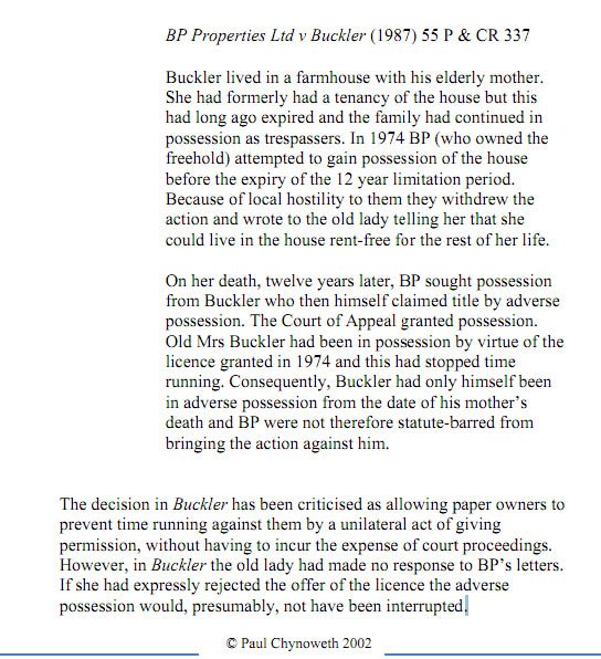 Law report note: BP Properties Ltd v Buckler (1987) 55 P & CR 337