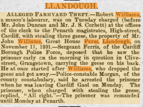 Cardiff press, 1891: “Alleged farmyard theft” at Great House Farm, Llandough